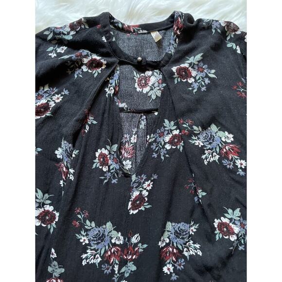 Free People Tunic Womens Size XS Black Floral Oversized Keyhole Rayon Mini Dress - Picture 2 of 9